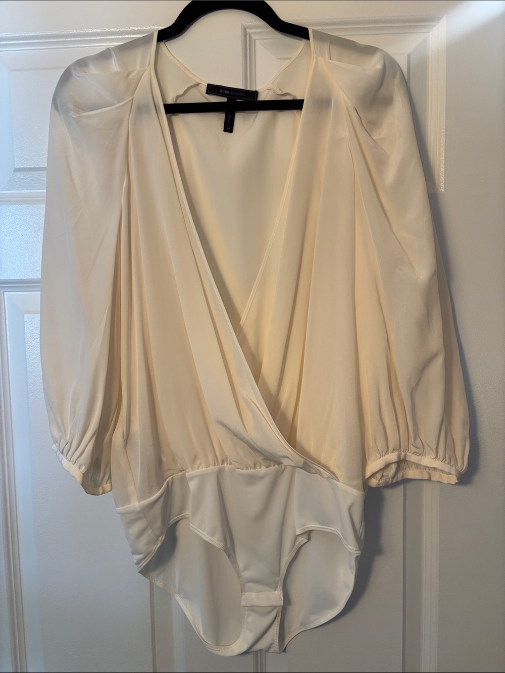 BCBGMaxAzria Cream SILK Surplice Long Sleeve Bodysuit